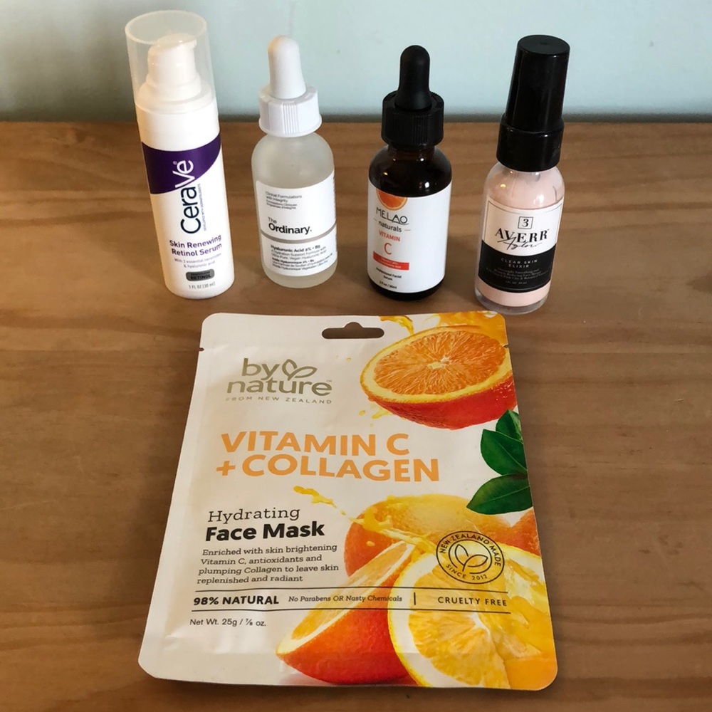 Skincare items, The Ordinary, Averr Aglow, CeraVe
